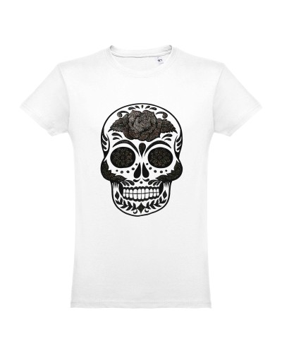 t-shirt  donna serigrafata a mano, con stampa teschio messicano glitterato.