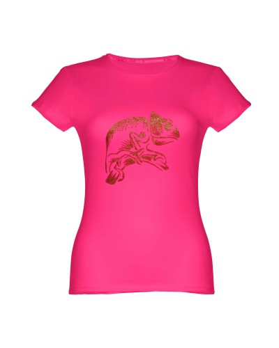 t-shirt donna serigrafata a mano, con stampa camaleonte glitterato.