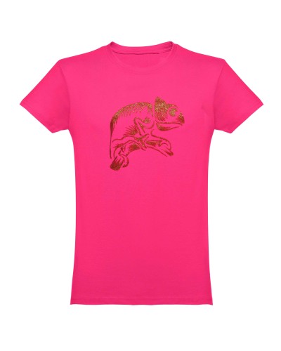 t-shirt donna serigrafata a mano, con stampa camaleonte glitterato.
